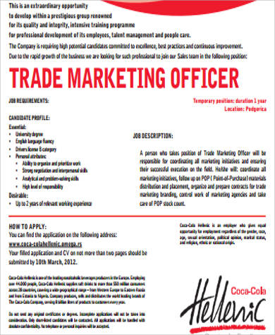 trade marketing manager job description sample