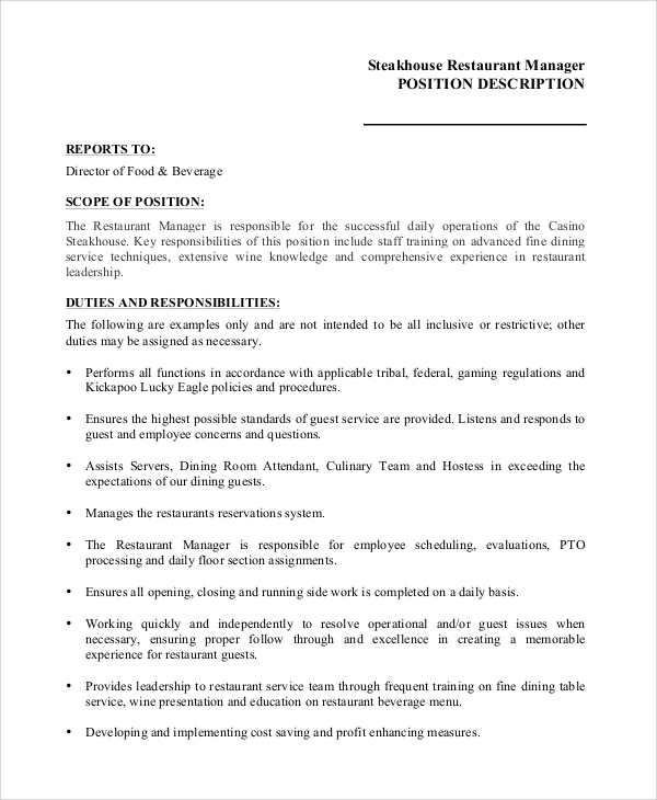 Restaurant Manager Duties And Responsibilities Pdf