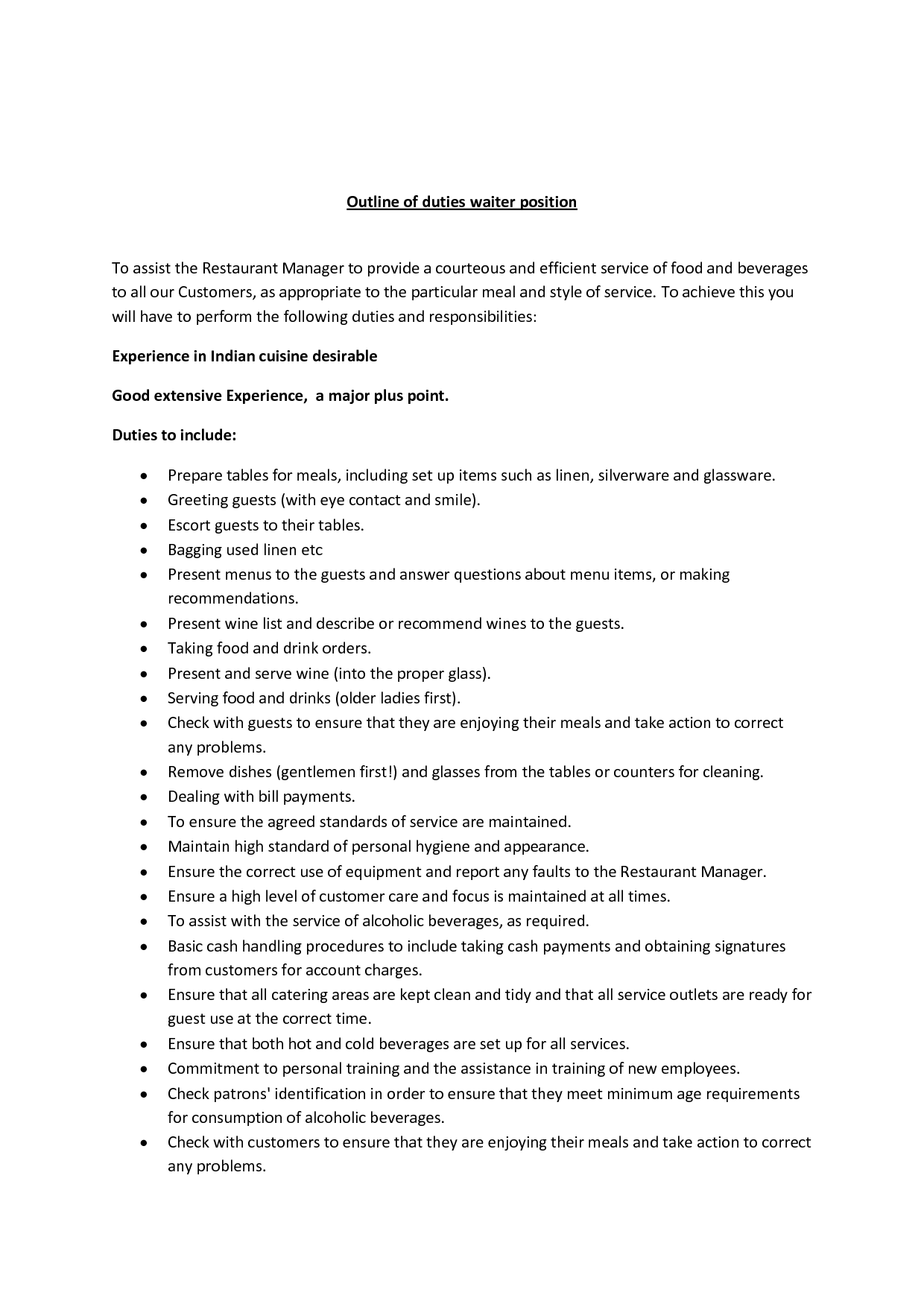 restaurant manager duties and responsibilities pdf