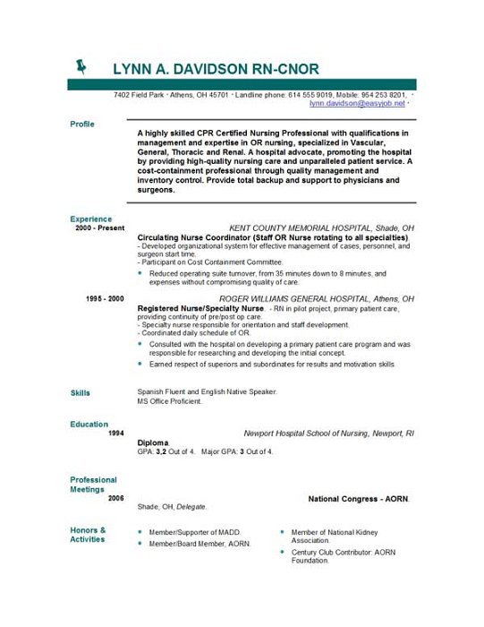 sample resume for nurses with experience