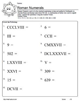 roman numerals worksheet for grade 6 pdf