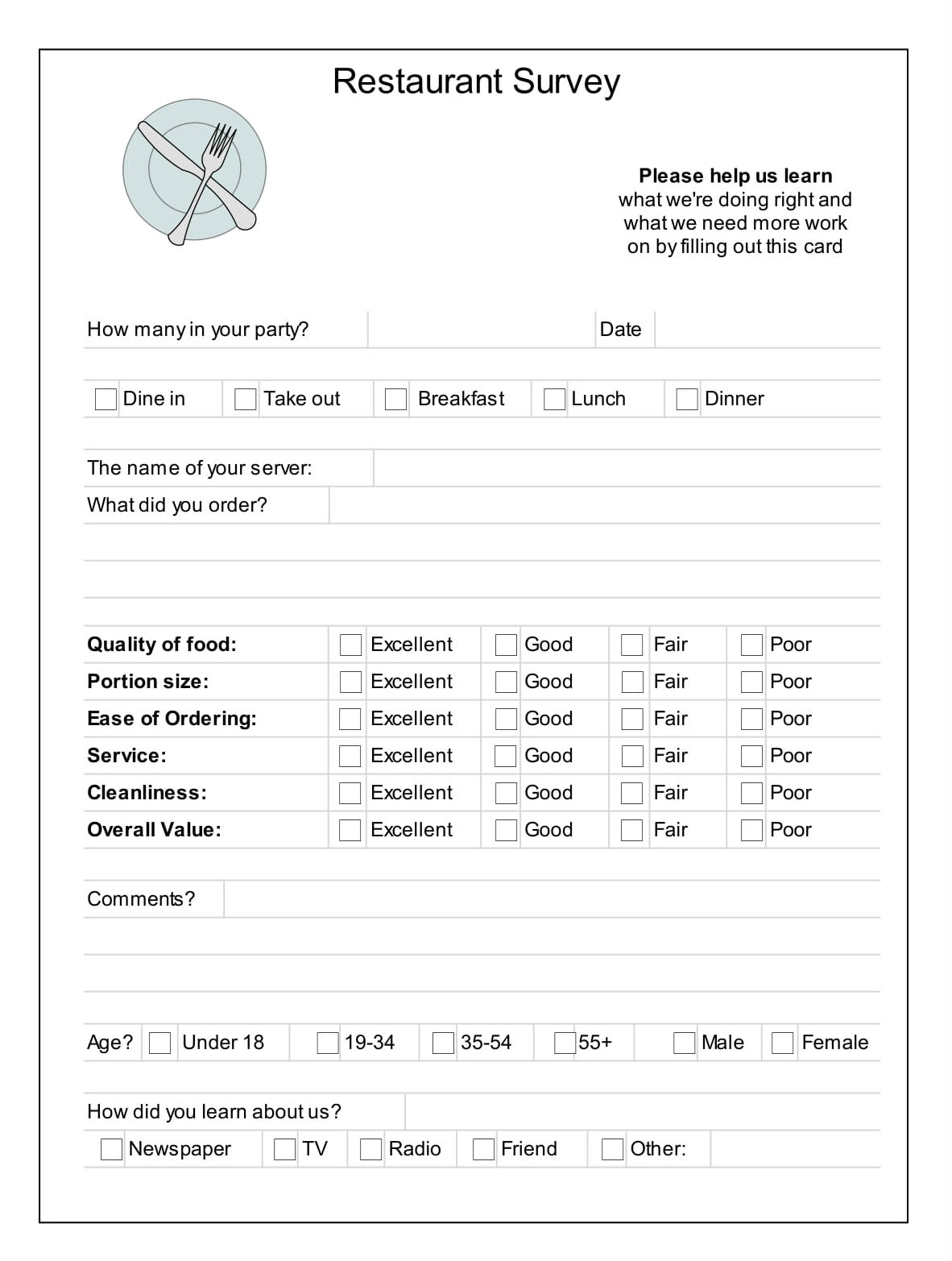 restaurant survey form pdf