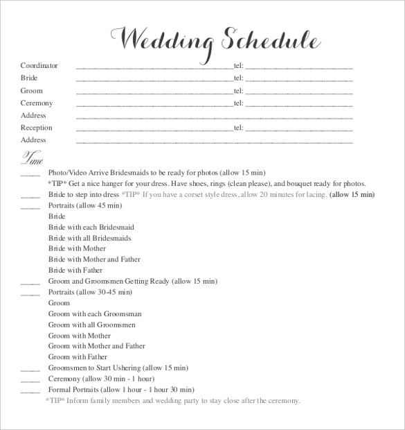 sample wedding schedule